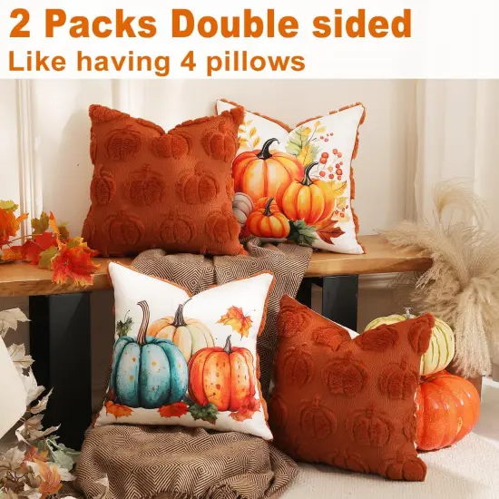 2 Packs Double Sided Throw Fall Pillow Covers - 18x18 (Pumpkins) {4}