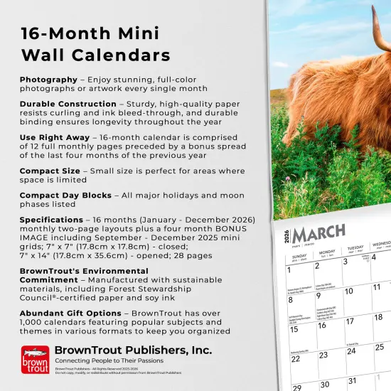 Highland Cows | 2026 7 x 14 Inch (Hanging) Monthly Mini Wall Calendar {6}
