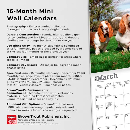 Basset Hounds | 2026 7 x 14 Inch (Hanging) Monthly Mini Wall Calendar {6}
