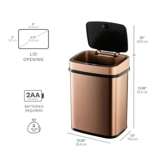 3.2 Gallon Stainless Steel Touchless Trash Can with Motion Sensor and Fingerprint Resistant Copper-Gold-Finish {3}