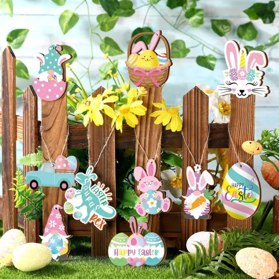 Chunful 30 Pcs Happy Easter Wooden Ornaments with Ropes Spring Egg Gnome Bunny Carrot Basket Holiday Easter Decorations Wood Bunny Ornament Embellishments Decorative Hanging Ornaments for Party {2}