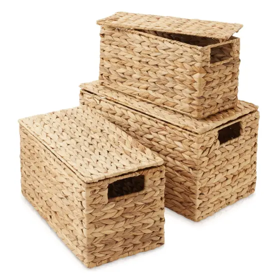 3-Piece Hyacinth Nesting Basket Set, Stacking Storage Wicker Bins with Lids Natural {4}