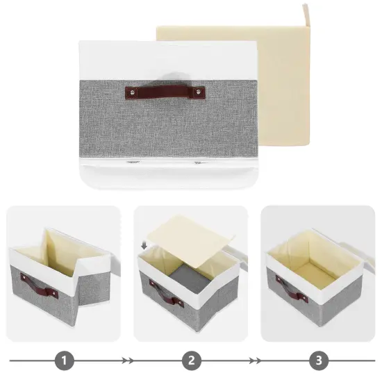 ANMINY Storage Boxes with Lids Washable Decorative Storage Bins Basket with PU Leather Handle Foldable Linen Fabric Storage Cubes Containers for Home Closet Organizer - Gray White, Small Size {5}