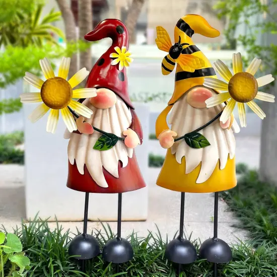 Metal Gnome Yard Art - Metal Gnome Statue -Outdoor Garden Gnome Decorations - Bee and Ladybug Art Sculpture- Christmas Holiday Lawn Patio Yard Garden Decor (Set of 2) {2}
