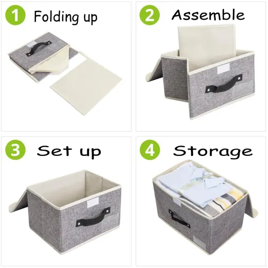 Small Storage Bins with Lids 2 Pack Linen Collapsible Cube Storage Basket with Handle, Jane's Home Foldable Fabric Storage Box with lids for Clothes Closet, Ornament Grey {1}