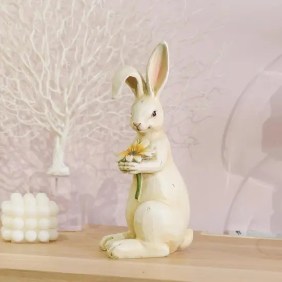 Easter-Decorations - Spring Bunny Decor - Table Centerpiece - Spring Figurines - Indoor Bunny Statues with Flower Farmhouse Office Room Decor for Table Decor 5 * 4.25 * 11.75 inch {1}
