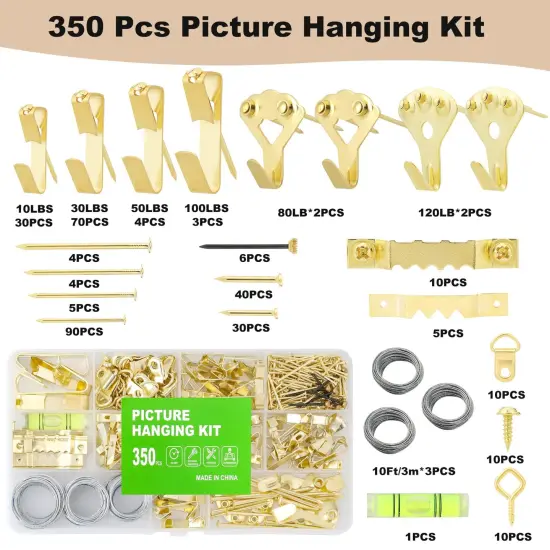350PCS Picture Hanging Kit, Heavy Duty Photo Frame Hangers with Sawtooth Hardware, D Rings, Nails, Level, Screws, Steel Wire for Picture, Painting, Mirror, Wall Art Mounting {1}