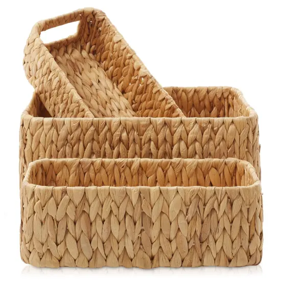 3pc Hyacinth Wicker Storage Basket Set, Woven Shelf Organizer Bins, Natural {4}