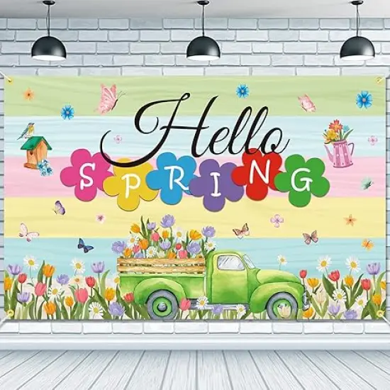 Hello Spring Backdrop Banner 71 x 45 Inch Large Colorful Spring Truck Tulips Flowers Background Banner Spring Easter Holiday Party Decorations Spring Break Indoor Outdoor Photo Booth Props {1}