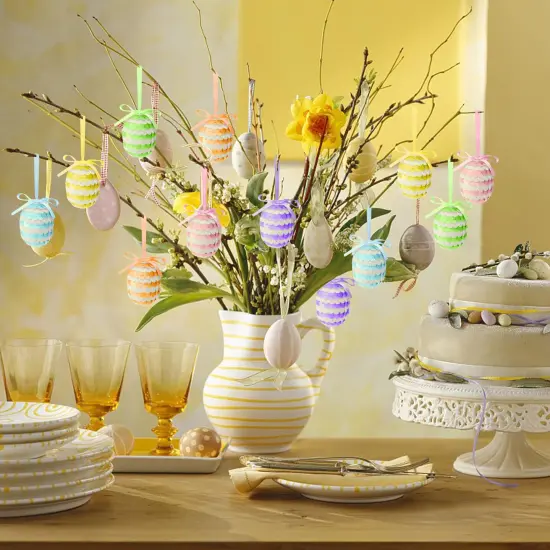 30 Pcs Easter Hanging Sequin Eggs- 1.6" Stripes Easter Eggs Ornaments with Bow- Glitter Easter Decorations Eggs Tree Ornaments for Party Birthday Home Garden Decoration {3}