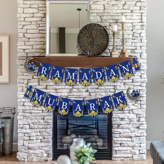 Ramadan Mubarak Banner Muslim Ramadan Mubarak Bunting Banner Garland with Lantern Moon Castle Sign Eid Mubarak Festival Celebration Party Decorations for Mantle Fireplace Wall Party Supplies {5}