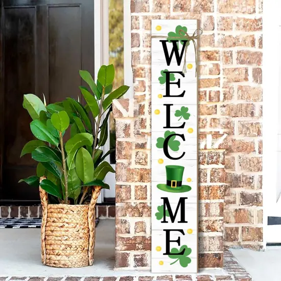 St. Patrick's Day Wooden Porch Sign 47" Spring Large Welcome Porch Sign for Home Front Door Yard Clover Party Decor (Green) {1}