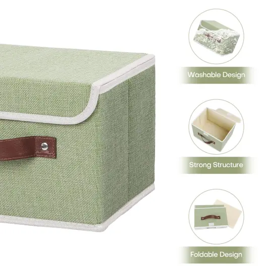 Storage Bin with Lid Storage Boxes with PU Leather Handles PP Plastic Board Decorative Foldable Lidded Cotton Linen Fabric Home Cubes Baskets Closet Organizer Container - Green, Small Size {5}