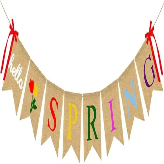 Hello Spring Burlap Banner Jute Spring Bunting Banner Garland Flower Spring Decorations for Indoor Outdoor Party Mantel Fireplace Wall Decor {1}