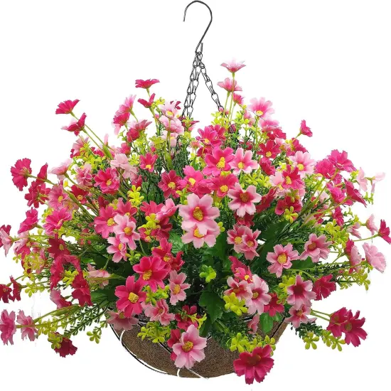 Artificial Faux Hanging Plants Flowers Basket for Autumn Winter, Red Daisy Flowers Eucalyptus UV Resistant Look Real for Outdoor Outside Porch Decoration {1}