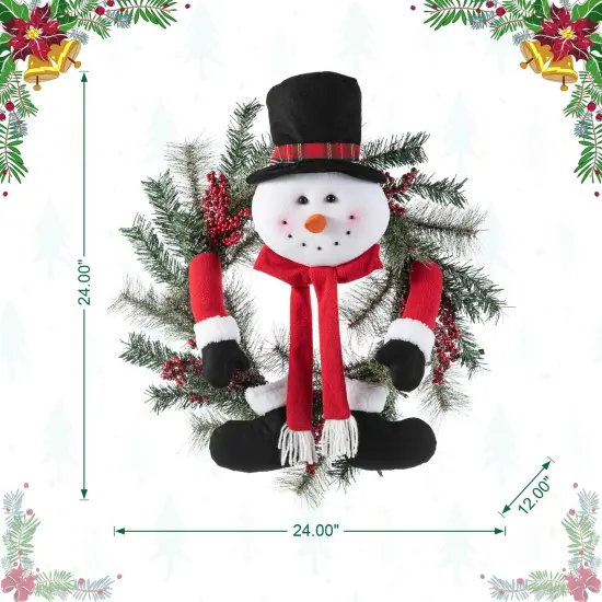 24"D Christmas Flocked Pine Needle & Berry Wreath with matched 20&ldquo;H Christmas Fabric Snowman Ornament Sets {4}