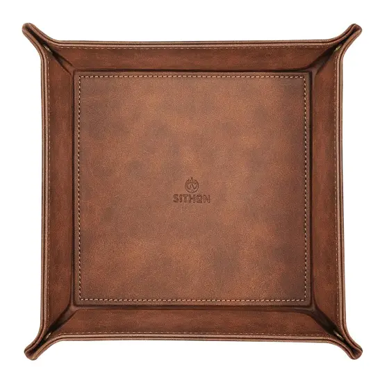 SITHON Valet Tray Desktop Storage Organizer &ndash; Premium PU Leather Catchall Bedside Vanity Tray Nightstand Caddy Holder for Remote Controller, Keys, Phone, Wallet, Coin, Jewelry, Brown {2}