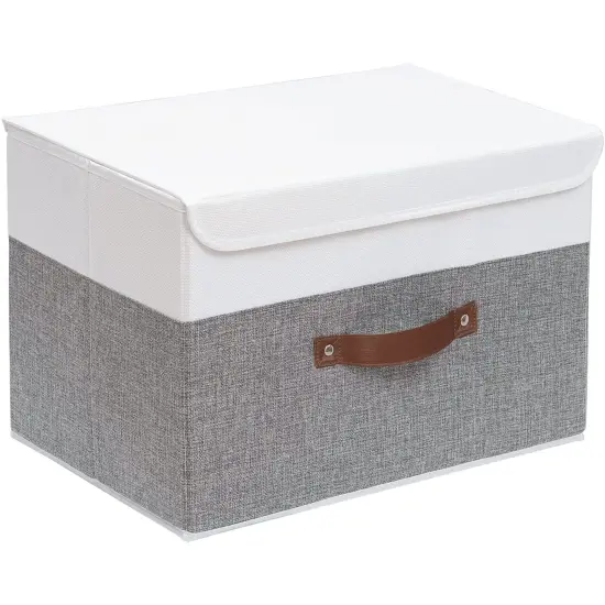 Collapsible Storage Bin, Cube Organizer Basket, Fabric Box with Lids, Washable and Leather Handle, for Home, Closet, White/Grey, 13.0''Lx9.0''Wx7.9''H, 1-Pack, SNK024WGS-1 {2}