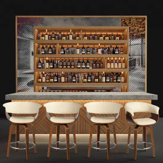 Set of 2/4 Mid-century Modern Leatherette Swivel Bar Stools/Counter Stools with Walnut Bentwood Frame {9}