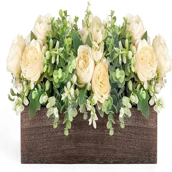 Centerpiece Table Decorations for Dining Room Farmhouse Living Room Table Centerpieces Decor Wood Tray with 3 Artificial Flowers and 2 Eucalyptus for Kitchen Table, 14.1" x 4.7" x 3.1" {1}