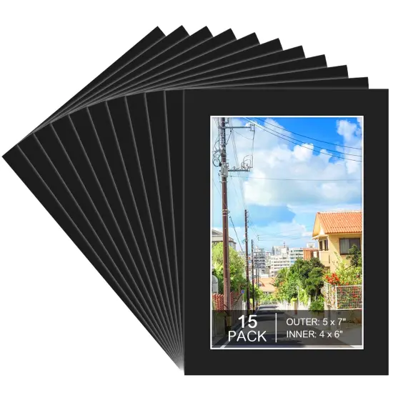 15 Pack 5x7 Black Picture Mats, Frame Mattes for 4x6 Pictures Display Photo Frame Mat Core Bevel Cut Mat Board Show Kit for Photos, Prints, Artworks {1}