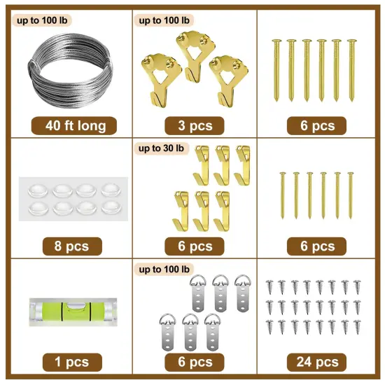 Heavy Duty Picture Hanging Kit, Wall Hanging Kit Support 10-100lbs with Picture Hanging Wire, D-Ring, Screws, Hanging Hooks,Level. 40 Feet (12M) Picture Hanging Wire Hangers {1}