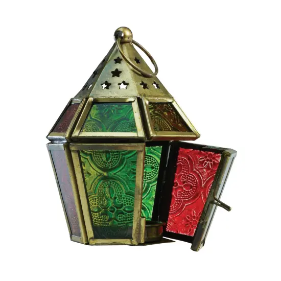 In the Breeze 9207 &mdash; Red, Yellow & Green Mini Hex Tealight Lantern &mdash; Moroccan-Style Boho Chic Tealight Glass and Metal Tabletop Lantern {1}