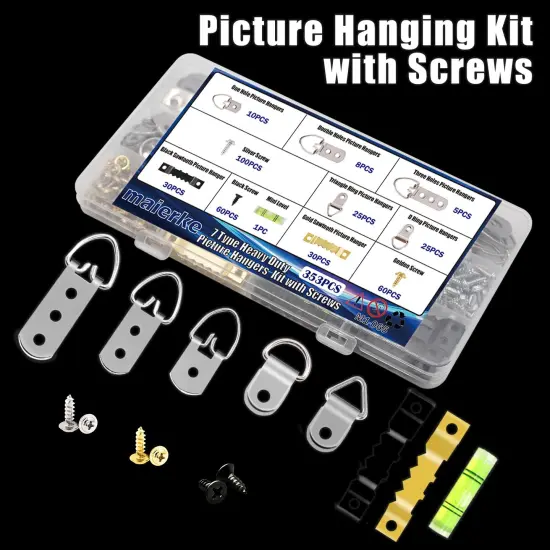 353PCS Picture Hanging Kit,Picture Hangers Heavy Duty Picture Hanging Hooks with Screws,Picture Frame Hooks Heavy Duty Picture Framing Supplies Kit for Picture Hanging(7 Types) {4}