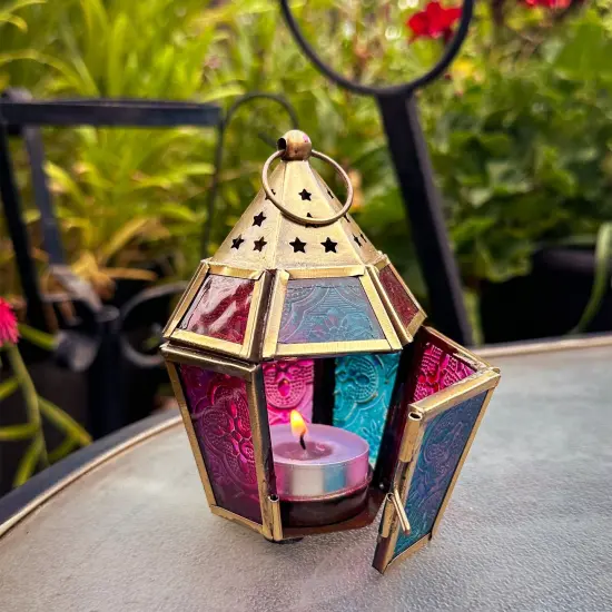 In the Breeze 9206 &mdash; Teal & Pink Mini Hex Tealight Lantern &mdash; Moroccan-Style Boho Chic Tealight Glass and Metal Tabletop Lantern {3}