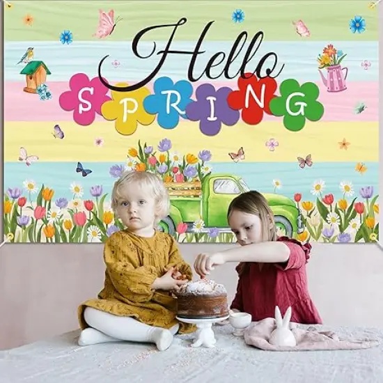 Hello Spring Backdrop Banner 71 x 45 Inch Large Colorful Spring Truck Tulips Flowers Background Banner Spring Easter Holiday Party Decorations Spring Break Indoor Outdoor Photo Booth Props {3}
