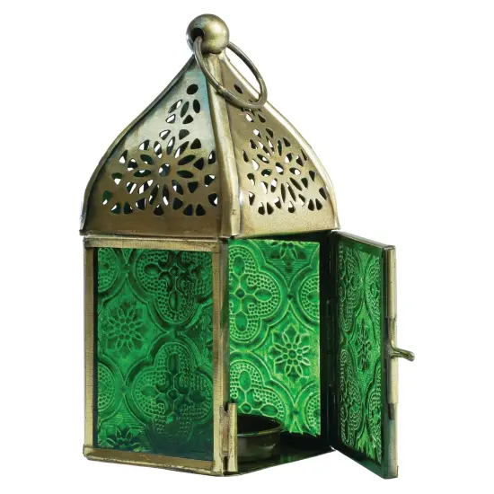 In the Breeze 9202 &mdash; Green Mini Square Tealight Lantern &mdash; Moroccan-Style Boho Chic Tealight Glass and Metal Tabletop Lantern {1}