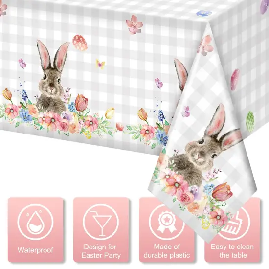 3Pcs Spring Easter Bunny Buffalo Plaid Checkered Tablecloth Decorations,Plastic Rabbit Egg Floral Pastel Dinner Table cover for Indoor Outdoor Birthday Easter Baby Shower Party Supplies,54x108 Inch {5}