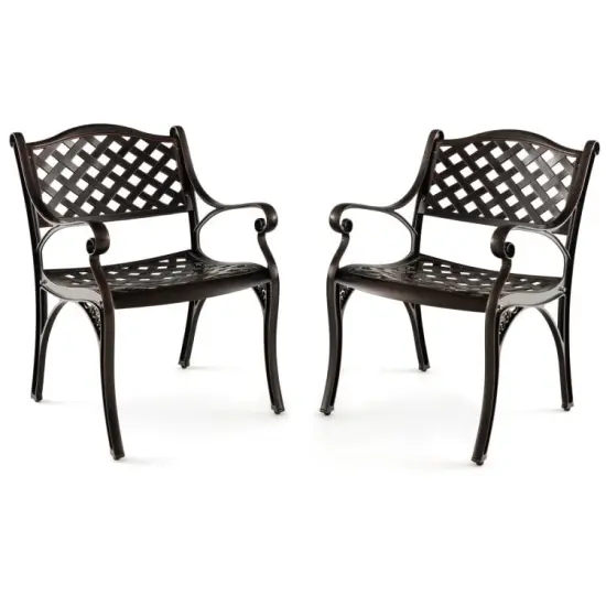 Cast Aluminum Patio Chairs Set Of 2 Dining Chairs With Armrests Diamond Pattern-Bronze {1}