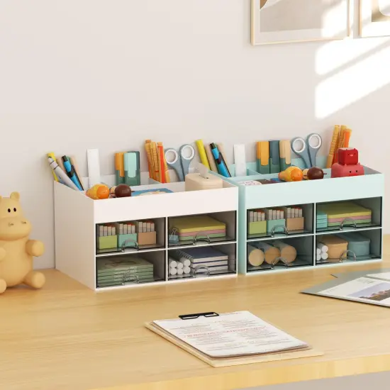 Pen Organizer with 4 Drawer, Multi-Functional Pencil Holder for Desk, Desk Organizers and Accessories with 4 Compartments + Drawer for Office Art Supplies (White) {6}