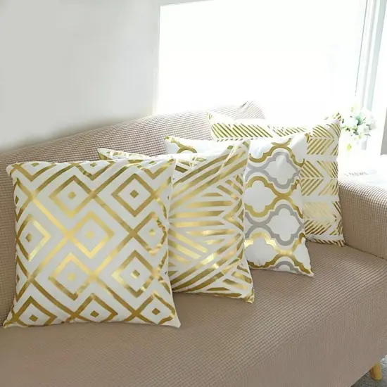 4 Velvet 18x18" White Square Throw PILLOW COVERS Gold Geometric Print Party Home {2}
