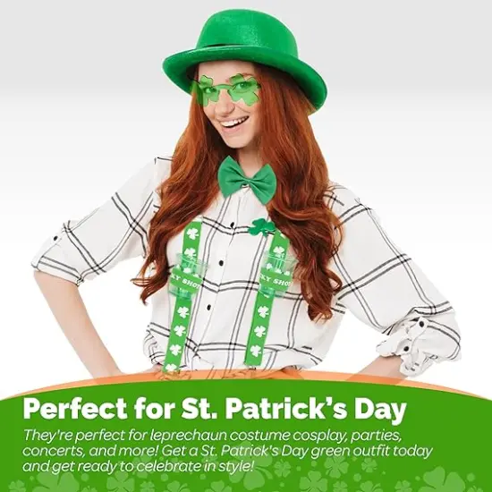 4E's Novelty St Patricks Day Glow in the Dark Suspenders, Shot Glass, Shamrock Glasses, Bowtie Accessories Set for Women, St Patricks Day Outfits for Men Leprechaun Costume {6}