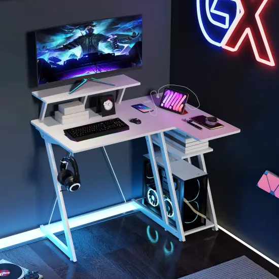 Costway L Shaped Gaming Desk with Outlets & USB Ports Monitor Shelf Headphone Hook Black/White/Pink {2}