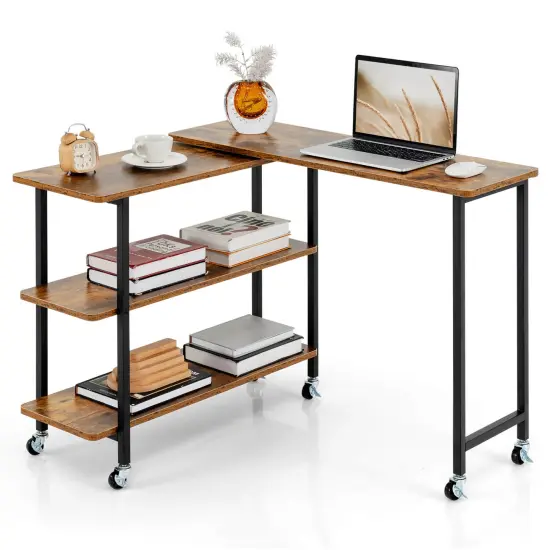 Costway 360&deg; Rotatable Sofa Side Table L-shaped Laptop Desk Snack Table withShelf Patented Brown/Natural/Walnut/Rustic Brown {7}