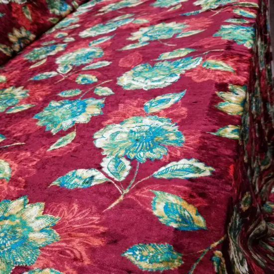 1 Yard Blue Rust Crushed Floral Stretch Velvet Fabric for Dresses Upholstery Curtains 60 Inch Width {2}