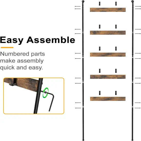 5-Tier Blanket Ladder with 10 Removable Hooks - Rustic Brown Wall-Leaning Towel Rack Organizer for Living Room, Bedroom, Bathroom Decor {3}