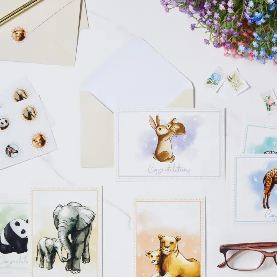 24 Pack Blank Baby Shower Cards and Envelopes with Sticker Seals, 6 Animal Designs (4x6 In) White {3}