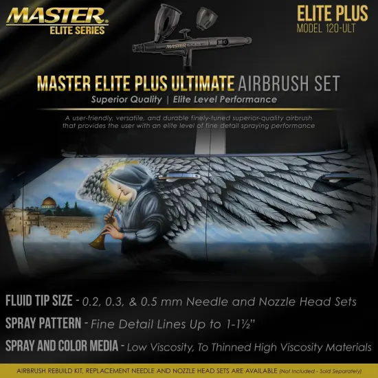 Master Elite Plus Ultimate Airbrush Set, Model 120 - Elite Level Spray Performance Dual-Action Gravity Feed Airbrush Kit, 0.2, 0.3 and 0.5 mm Tips, Case {4}