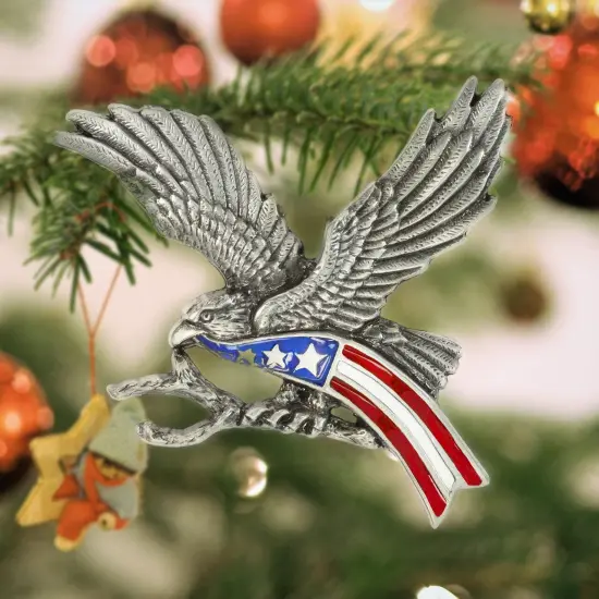 Gloria Duchin Bald Eagle with American Flag Pewter Christmas Ornament {2}