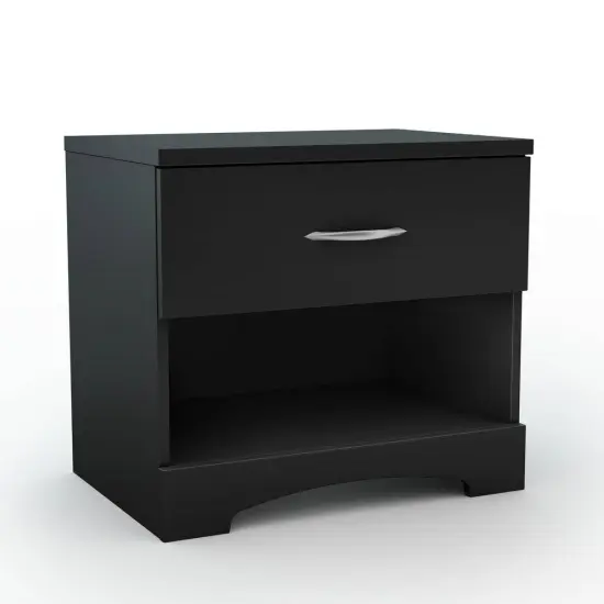 Modern Bedroom MDF Laminate Nightstand with Drawer and Open Storage Metal Handle Black {1}