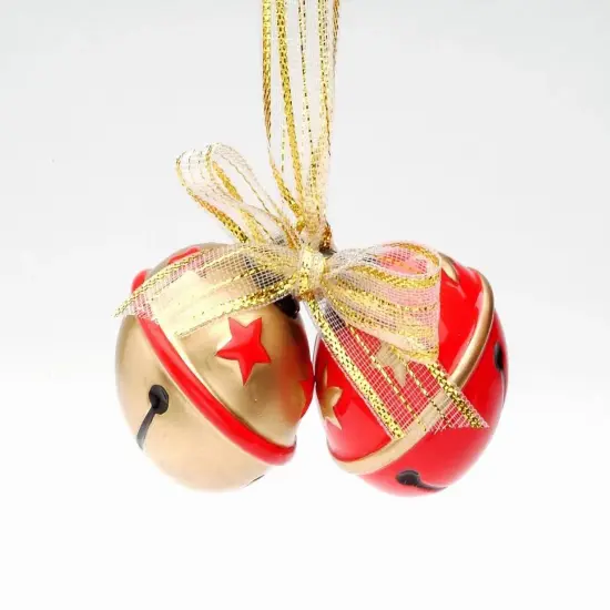 Ceramic Red and Gold Christmas Tree Ornament Bells with Gold Ribbon, Christmas Decor {3}