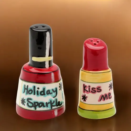 Ceramic Christmas Theme Nail Polish & Lipstick Salt and Pepper Shakers, Christmas Decor, Gift for Her {2}