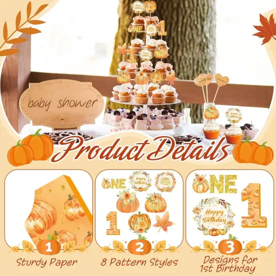 48 Pcs Pumpkin One Cupcake Toppers Pumpkin Baby shower Decorations 1st Birthday Cake {4}