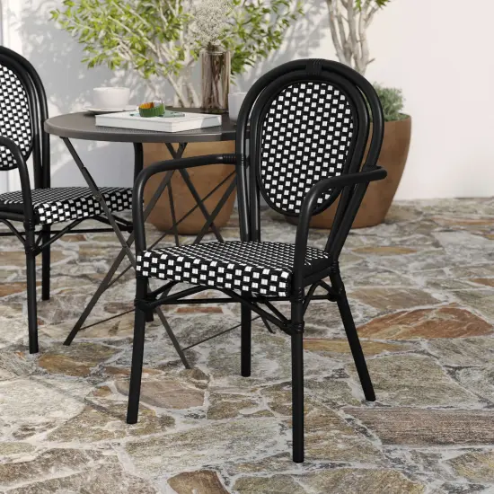 Merrick Lane Celia Stacking Thonet Bistro Style Chair with Arms, PE Rattan Seat, and Metal Frame for Indoor/Outdoor Use Black&White/BlackFrm {3}