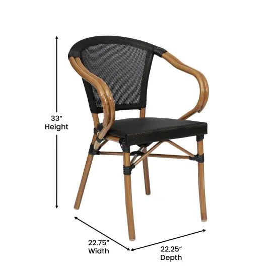 Merrick Lane Mael Set of Four Stacking Thonet Bistro Style Chair with Arms, Textilene Seat, and Bamboo Finished Metal Frame for Indoor/Outdoor Use Black/Natural Frame {5}