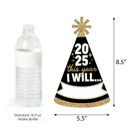 Big Dot of Happiness Hello New Year - Cone Party Hats - 2025 NYE Resolution Cone Party Hat for Adults - Set of 8 (Standard Size) {7}